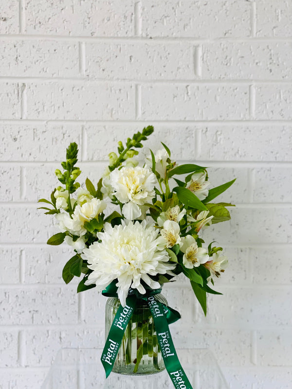 White & Green Sympathy Vase Arrangement Flower Delivery Bendigo Florist